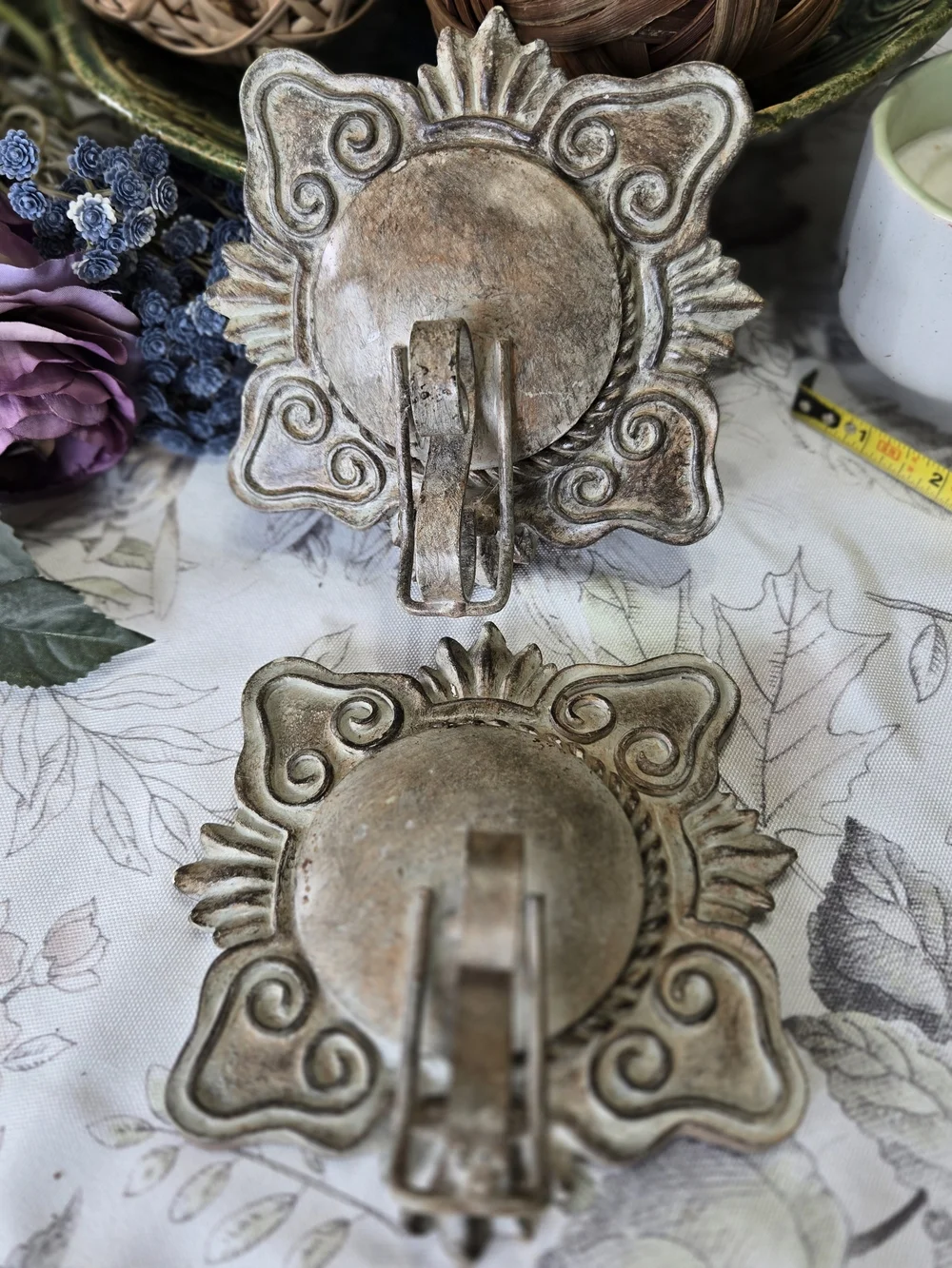 Pair of Vintage Shabby Chic Mirrored Wall Sconces - Ornate Cream Tea Light Holde